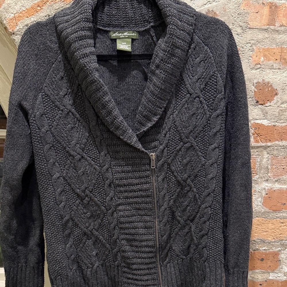 Eddie Bauer Zip Front Dark Gray Cable Knit Cardigan